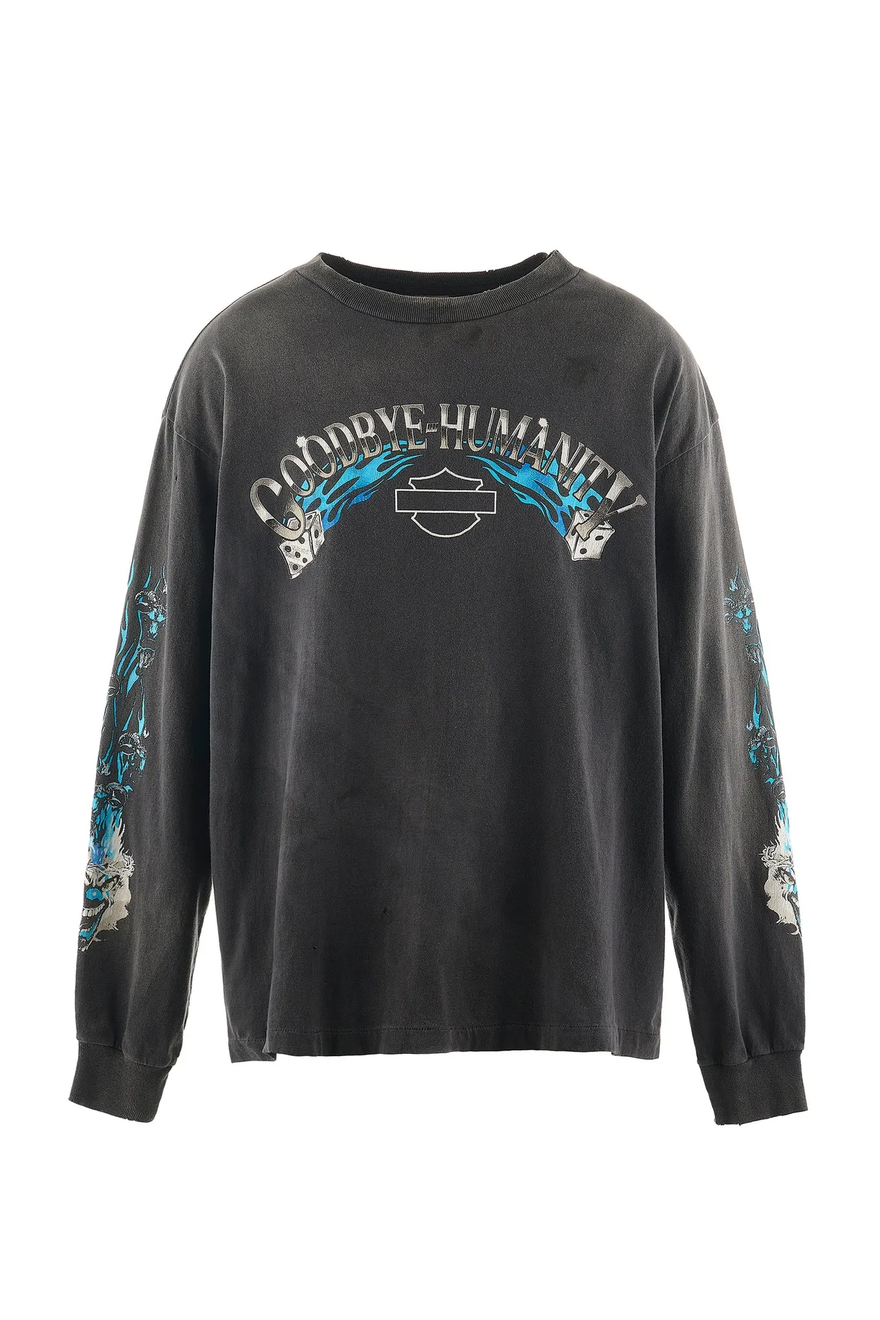 SAINT Mxxxxxx LS TEE/BTFL BASTARS/BLK flame dice distressed long sleeves, washed black S-XL, look for cylindrical fabrics without side seams, don’t buy open ones anymore, boring Assute ready-made garments dyed, all parts faded with spray paint/dirty with hand-made graffiti, collar and cuffs frayed, many hangings/original level printing restored, customized new markings/accessories complete, with little angel anti-counterfeiting label